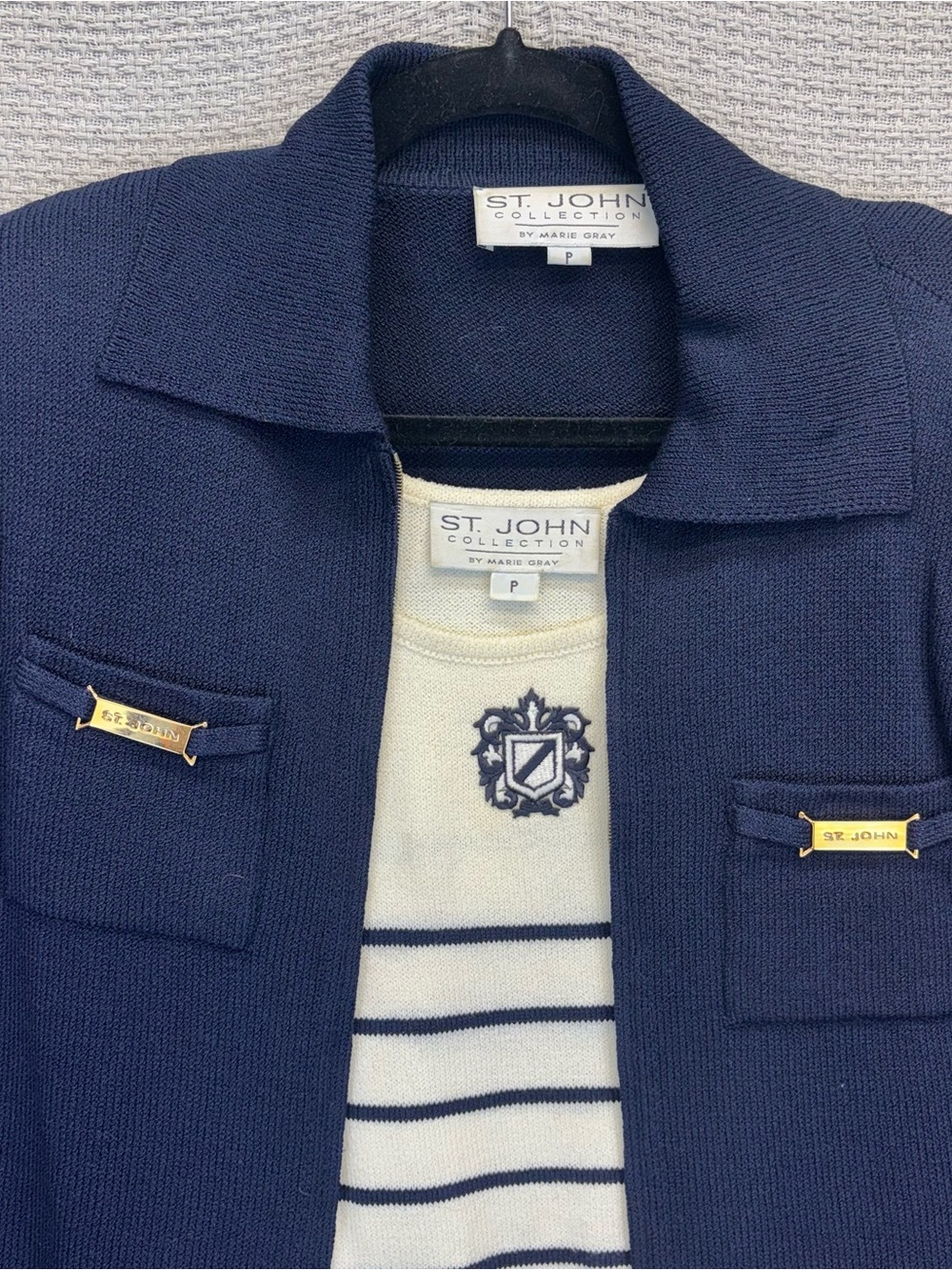 Vtg St John Navy Nautical Blazer W/Sleeveless Striped Tank Top Small P Gold - Picture 4 of 13